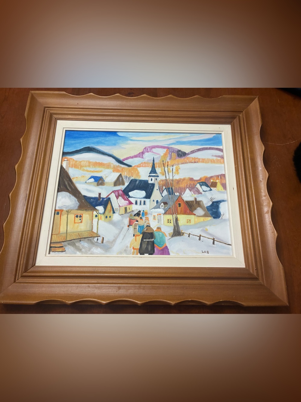Hand-Painted Winter Village Wall Art in Blue, Yellow & Pink